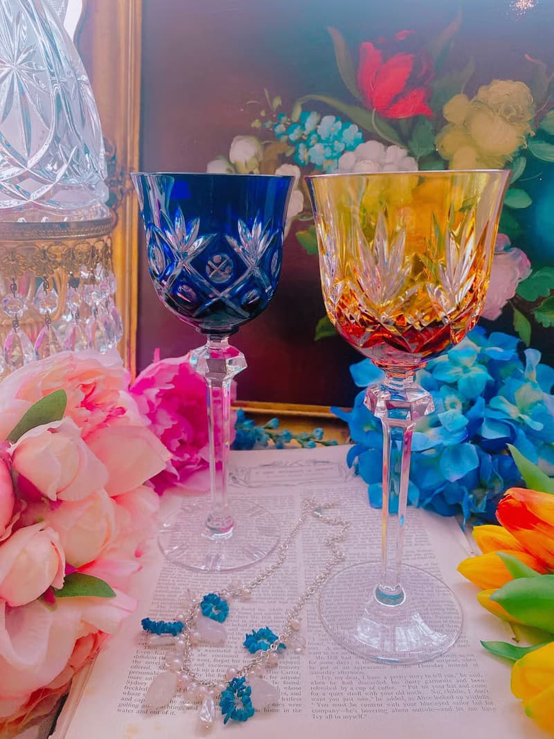 法國手工切割橘色古董水晶杯 酒杯 白酒杯 果汁杯 古董杯一隻