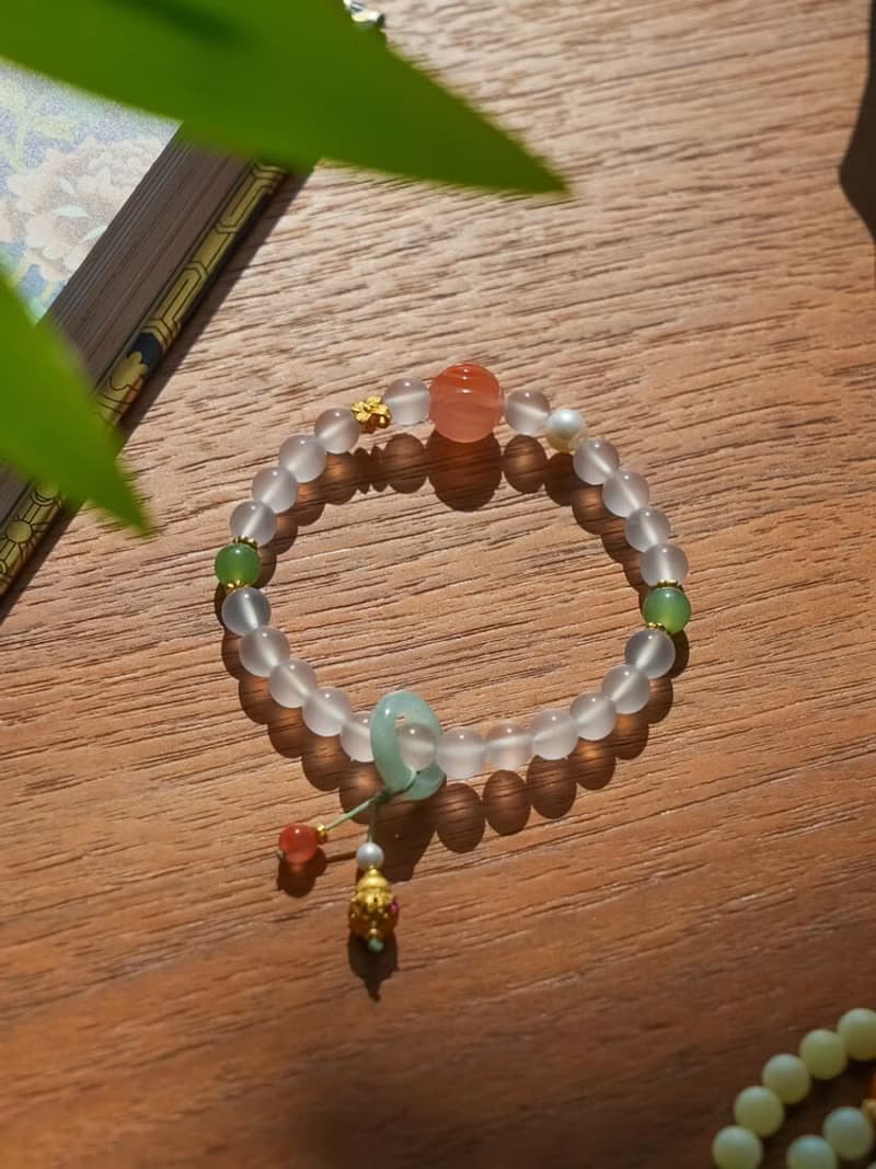 原創手工荔枝凍南紅和田碧玉天然淡水珍珠手串招好運手鏈生日禮物