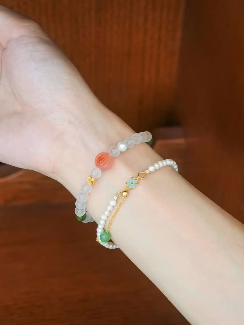 原創手工荔枝凍南紅和田碧玉天然淡水珍珠手串招好運手鏈生日禮物