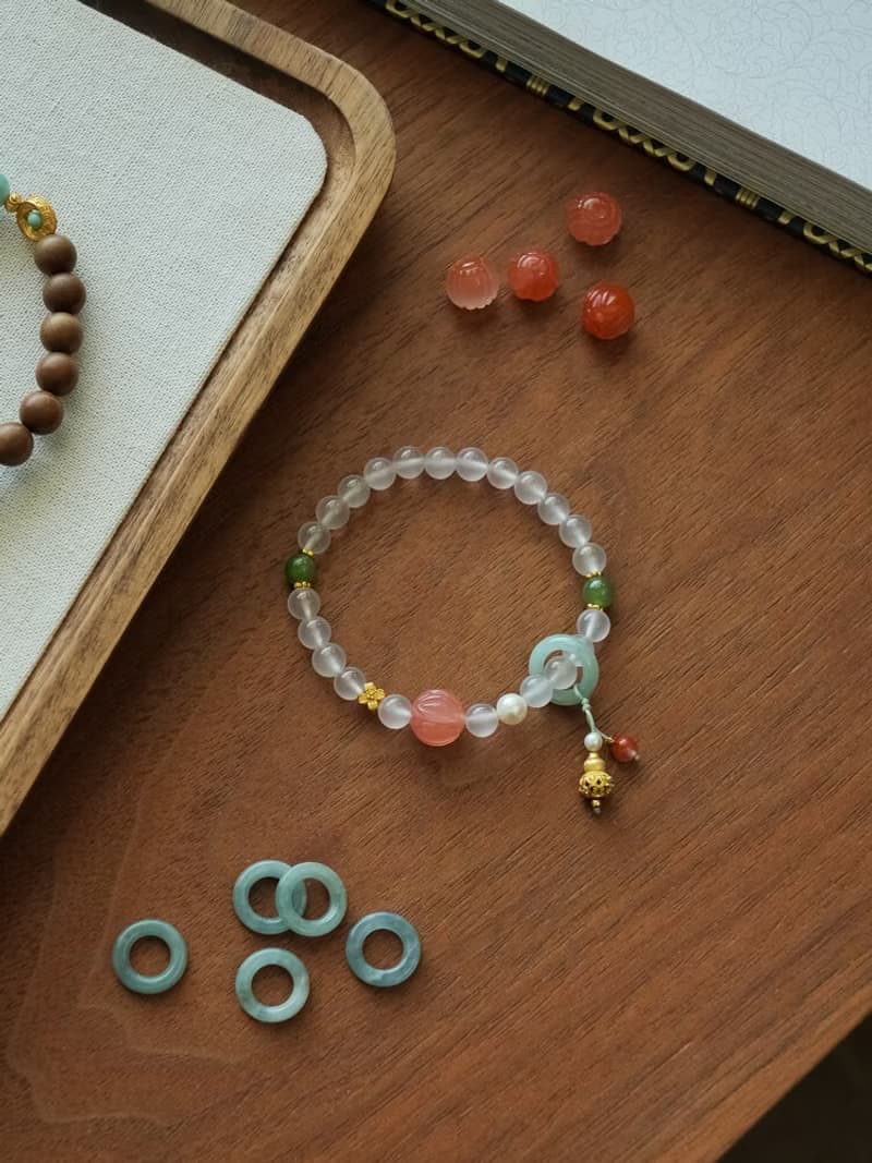 原創手工荔枝凍南紅和田碧玉天然淡水珍珠手串招好運手鏈生日禮物