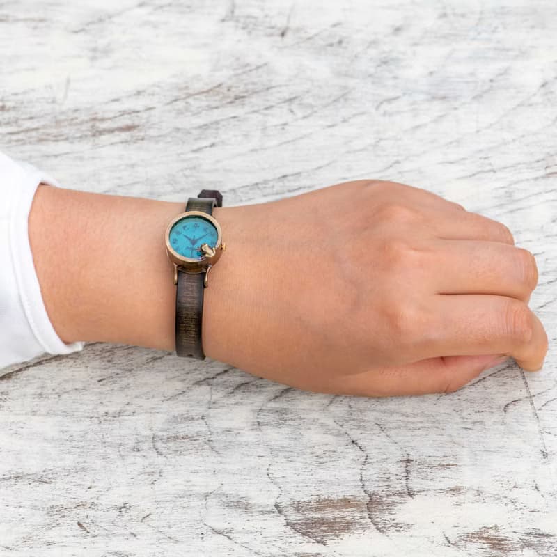 窺視著池面的青蛙 江戶文字手錶 S 墨綠