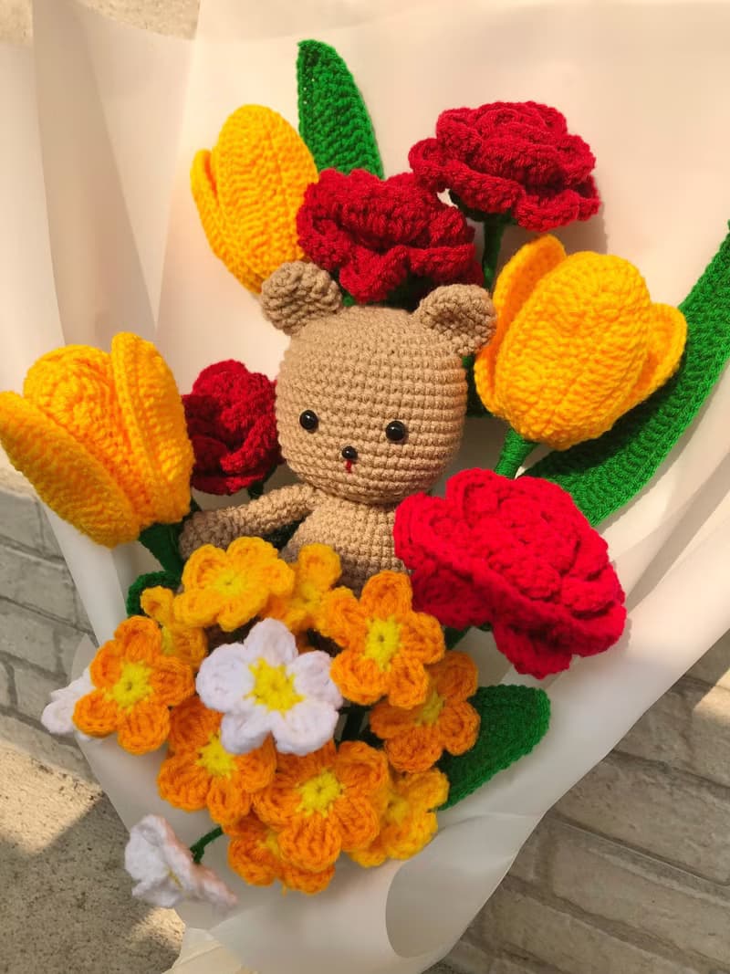 Crochet Teddy brown Bear with Tulip Rose and Forget me not Flower Bouquet