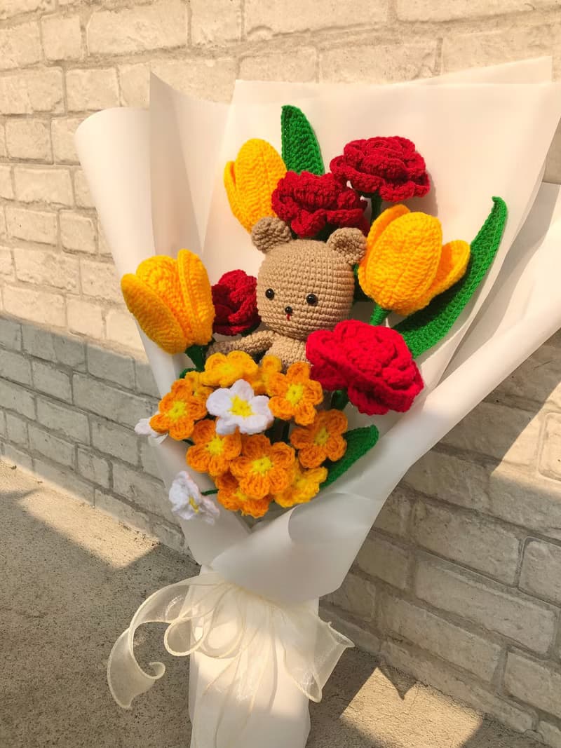 Crochet Teddy brown Bear with Tulip Rose and Forget me not Flower Bouquet