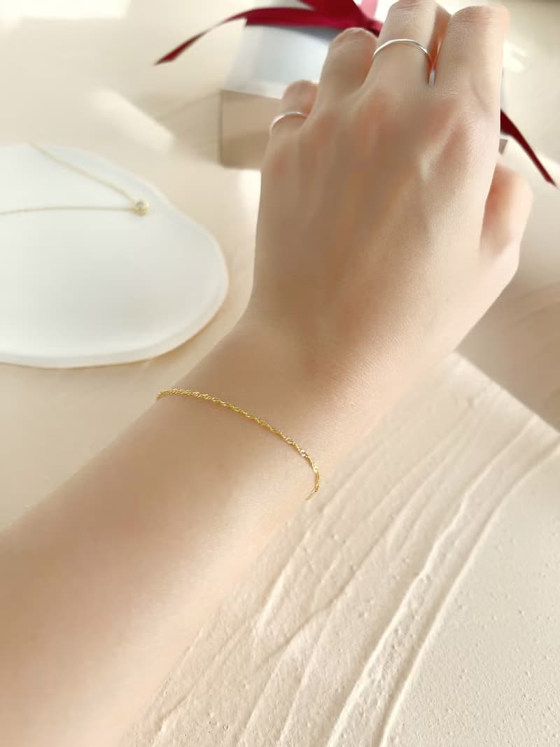 【情人節禮盒】925純銀金色翻轉細手鍊－波光 # 純銀 多層次 超細