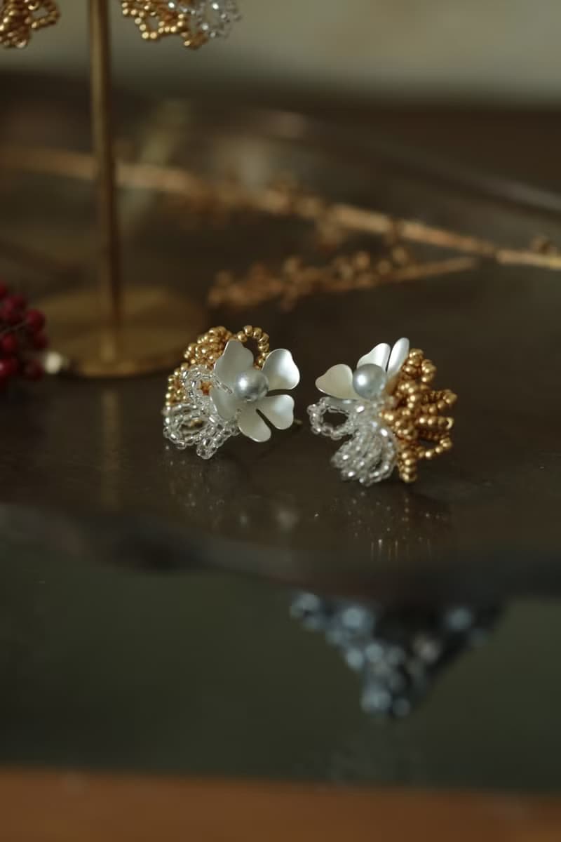 treasure珠寶編織系列│銀花刺繡珠耳環 聖誕節 耳針 可改耳夾