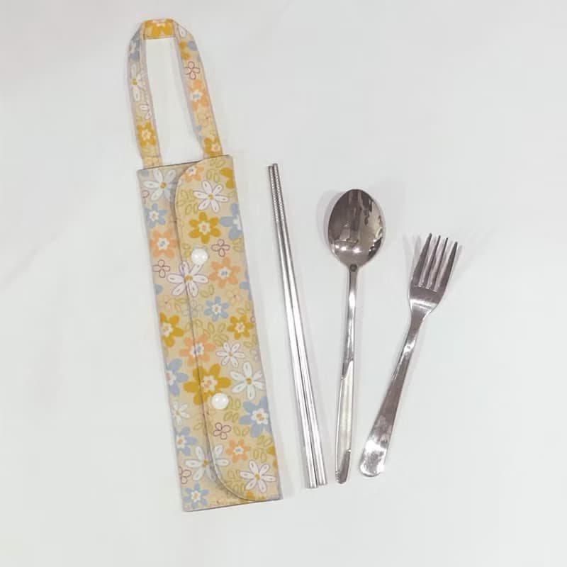 提把環保餐具套 - 淺黃可愛小花
