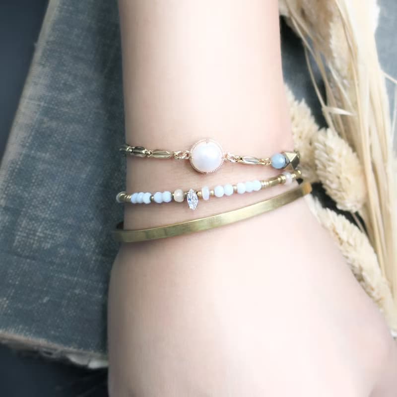 VIIART。弱水。天藍澳寶歐泊蛋白石鋯石黃銅手鍊