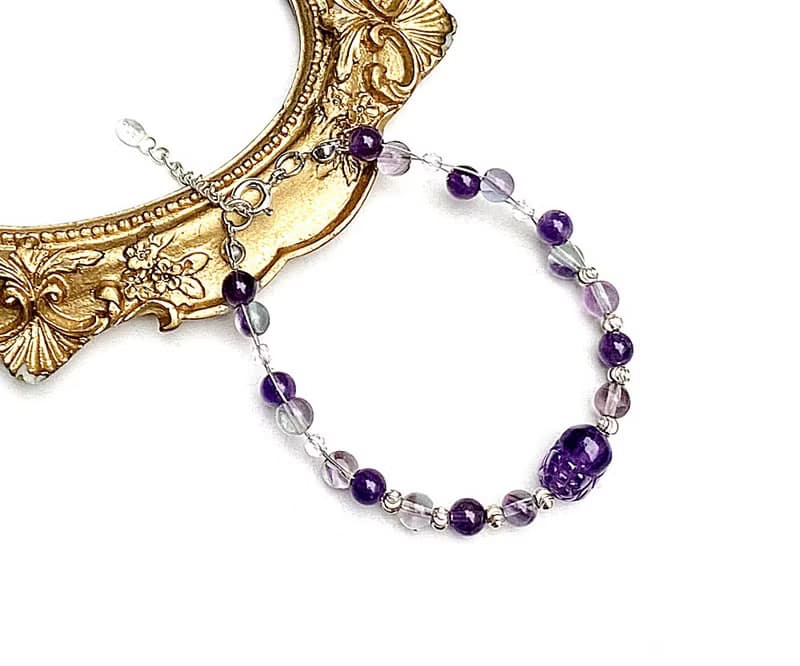 開智慧守護-雙色螢石x紫水晶x白水晶x紫水晶貔貅925純銀編織手鍊