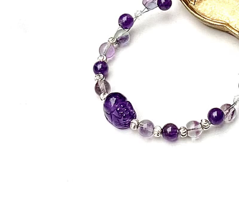 開智慧守護-雙色螢石x紫水晶x白水晶x紫水晶貔貅925純銀編織手鍊