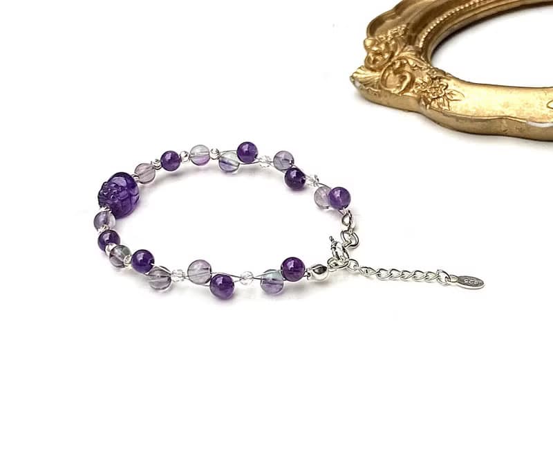 開智慧守護-雙色螢石x紫水晶x白水晶x紫水晶貔貅925純銀編織手鍊