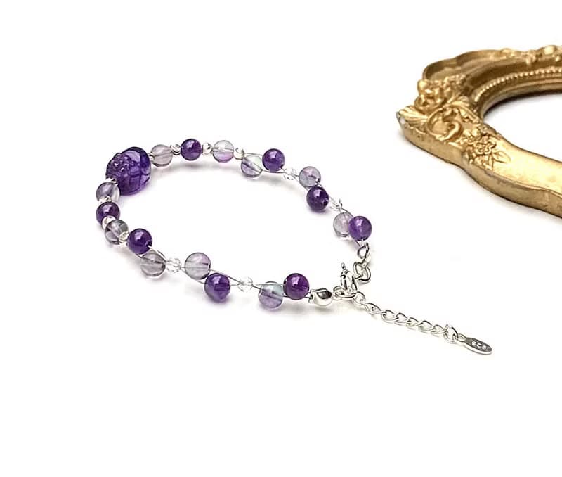 開智慧守護-雙色螢石x紫水晶x白水晶x紫水晶貔貅925純銀編織手鍊