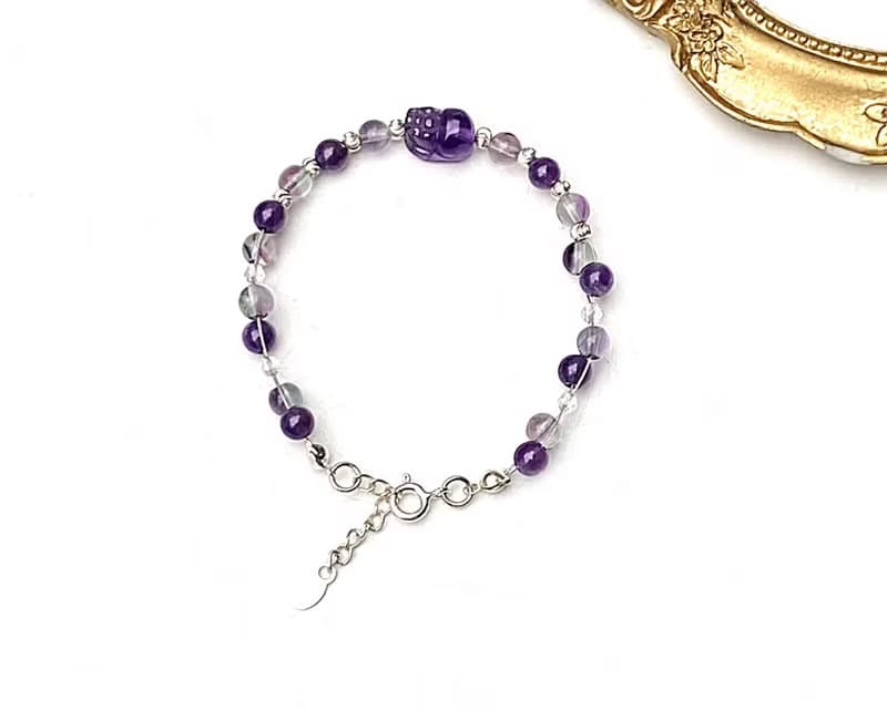 開智慧守護-雙色螢石x紫水晶x白水晶x紫水晶貔貅925純銀編織手鍊