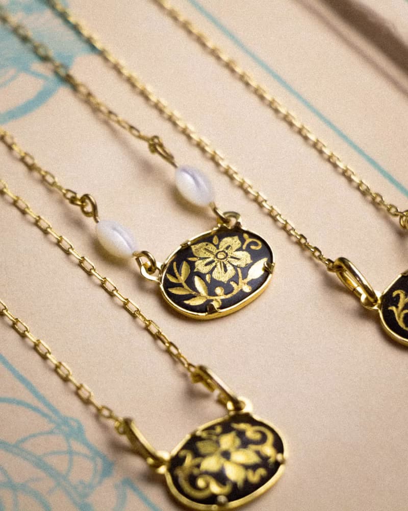 西班牙古董 大馬士革24K金屬鑲嵌工藝 花草圖 改製項鍊 鎖骨鍊