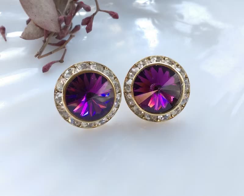 Vintage Jewelry 西洋古董飾品 飛碟石 深紫 針式耳環