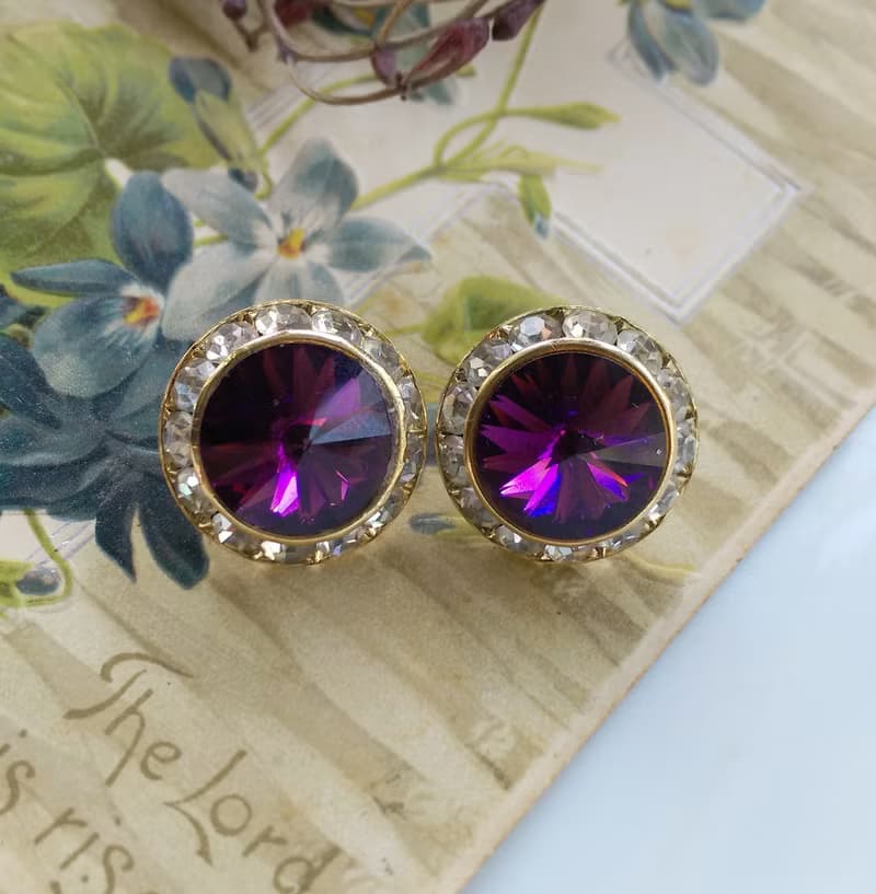 Vintage Jewelry 西洋古董飾品 飛碟石 深紫 針式耳環