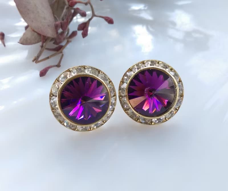 Vintage Jewelry 西洋古董飾品 飛碟石 深紫 針式耳環