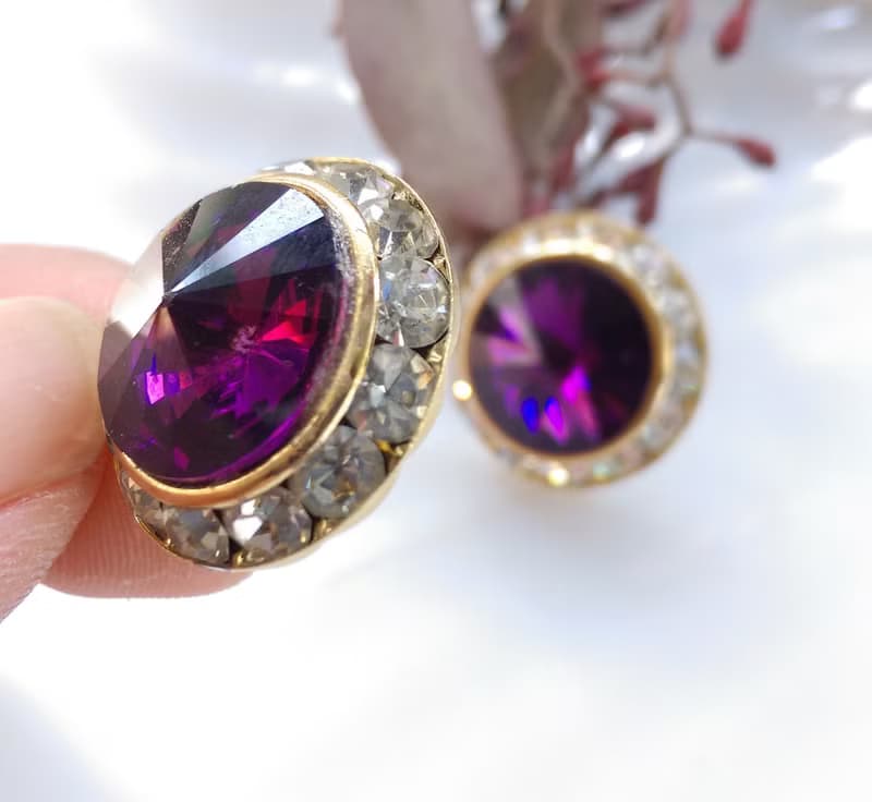 Vintage Jewelry 西洋古董飾品 飛碟石 深紫 針式耳環