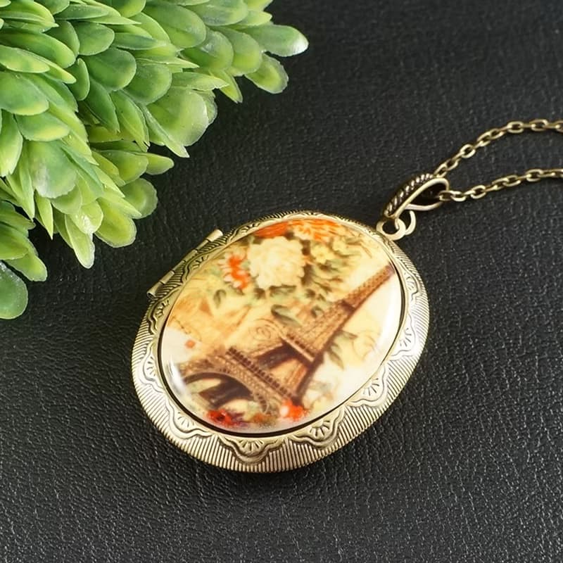Eiffel Tower Paris Photo Locket Porcelain Cameo Yellow Pendant Necklace Jewelry