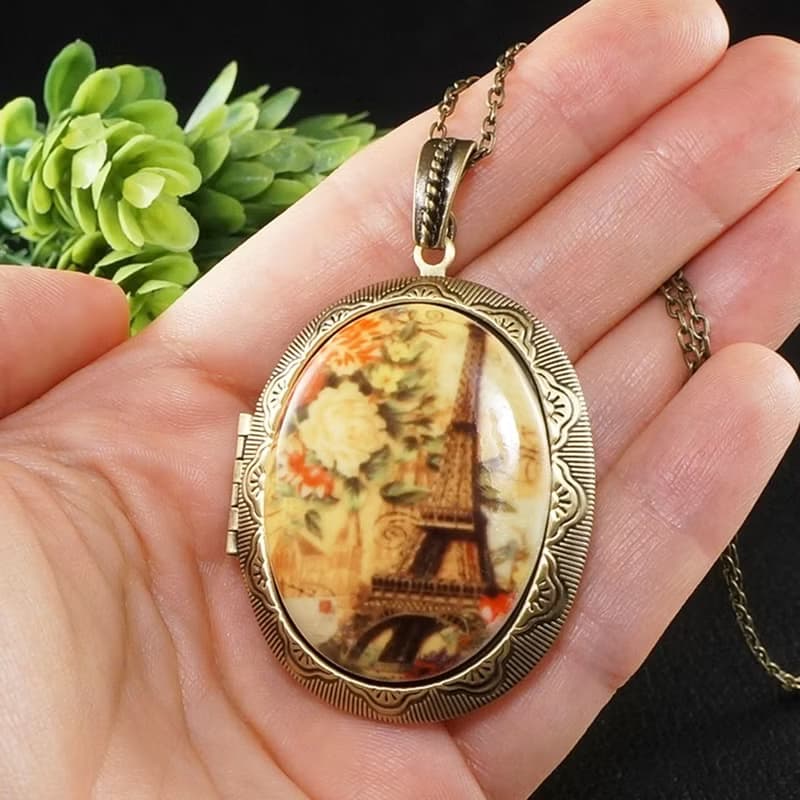 Eiffel Tower Paris Photo Locket Porcelain Cameo Yellow Pendant Necklace Jewelry
