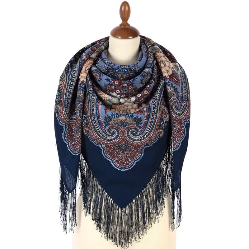 Pavlovo Posad Russian Shawl 100% Wool Scarf 125x125 cm Wrap Silk Fringe 1897-14