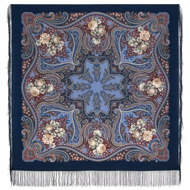 Pavlovo Posad Russian Shawl 100% Wool Scarf 125x125 cm Wrap Silk Fringe 1897-14