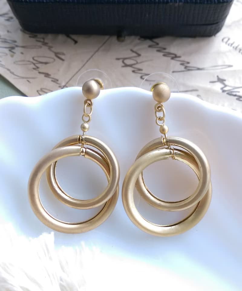 Vintage Jewelry 西洋古董飾品 啞光 垂墜 摩登雙圈 針式耳環