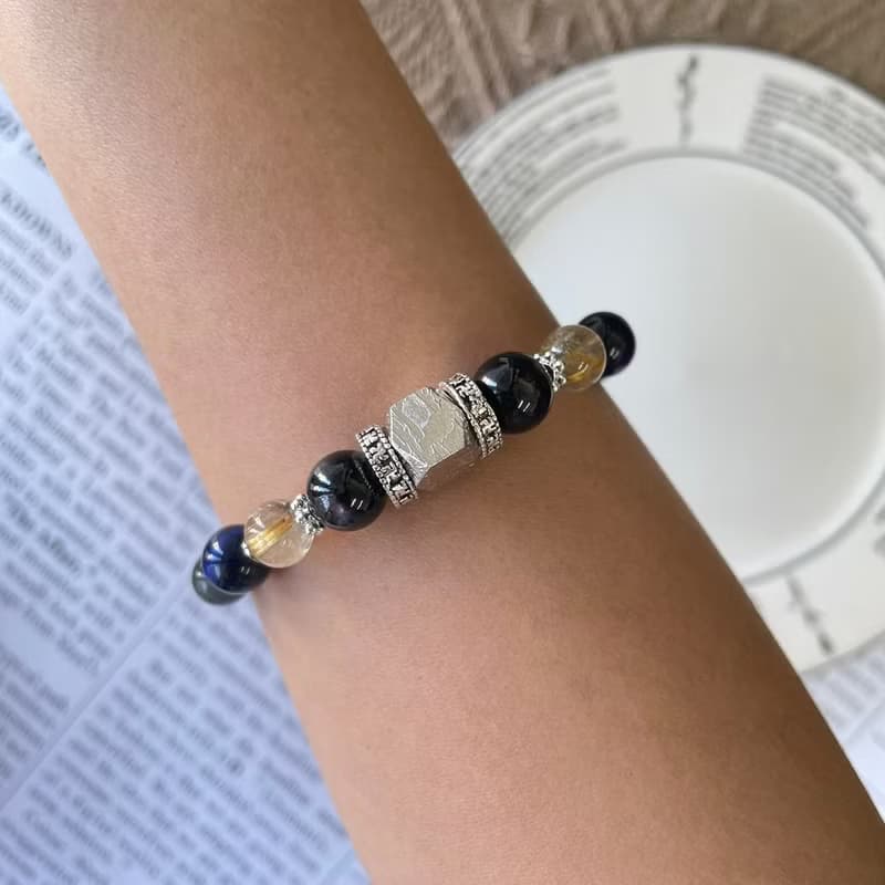 招財銀色天鐵隕石編織手鍊