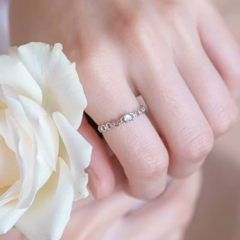 月光石925純銀相鏈相戀細鏈條戒指 可調式戒指