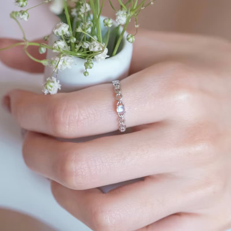 月光石925純銀相鏈相戀細鏈條戒指 可調式戒指