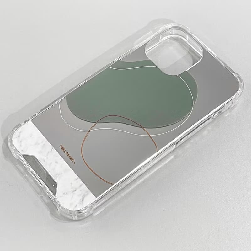 iPhone 16 全包銀色鏡面|雲石幾何北歐粉綠色圖案|透明防摔手機殼