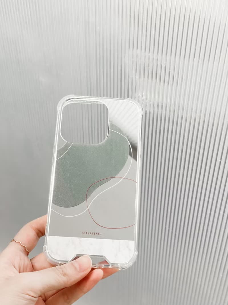 iPhone 16 全包銀色鏡面|雲石幾何北歐粉綠色圖案|透明防摔手機殼