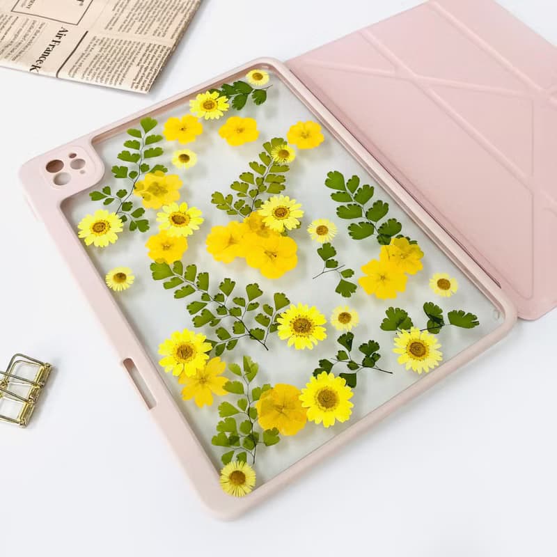 黃色雛菊綠葉壓花 iPad 保護殼 iPad Air 1in 13in iPad Pro 11in