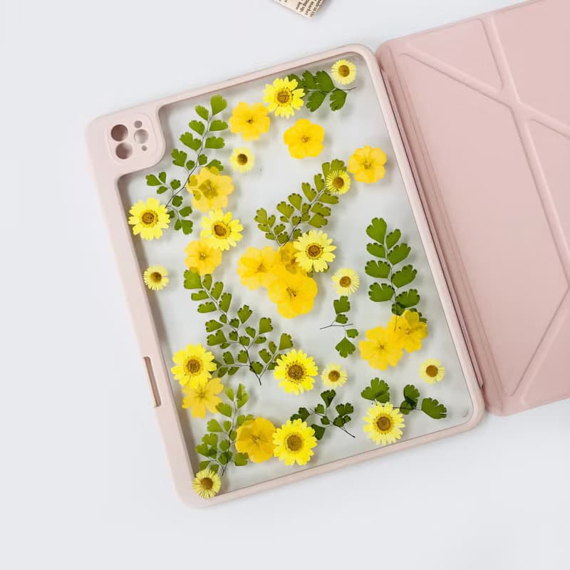 黃色雛菊綠葉壓花 iPad 保護殼 iPad Air 1in 13in iPad Pro 11in