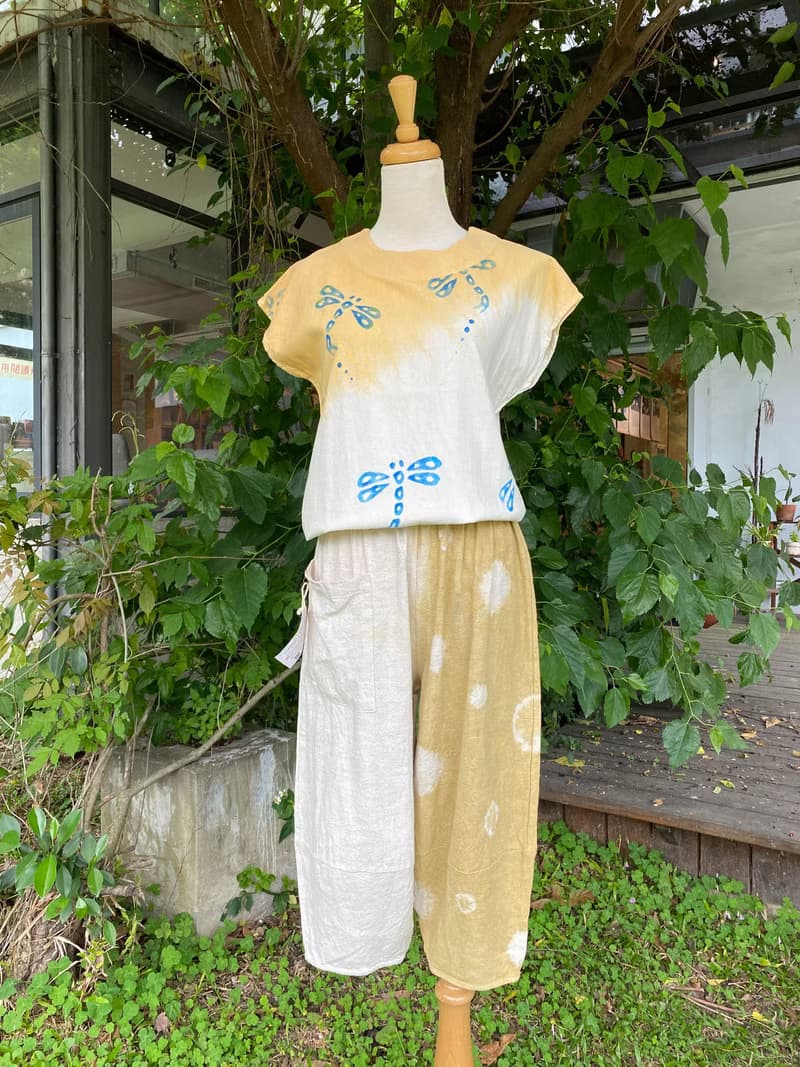 八分棉麻褲 礦物泥染 茜紅/輾茶綠色 有口袋 下縮口燈籠