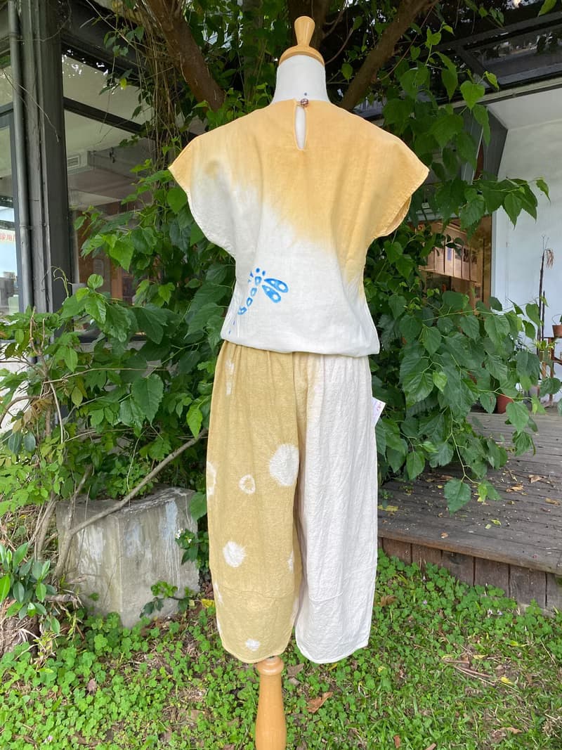 八分棉麻褲 礦物泥染 茜紅/輾茶綠色 有口袋 下縮口燈籠