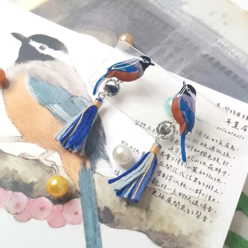 臺灣特有種 白耳畫眉 青金石 繪畫貼耳耳環 耳針/耳夾