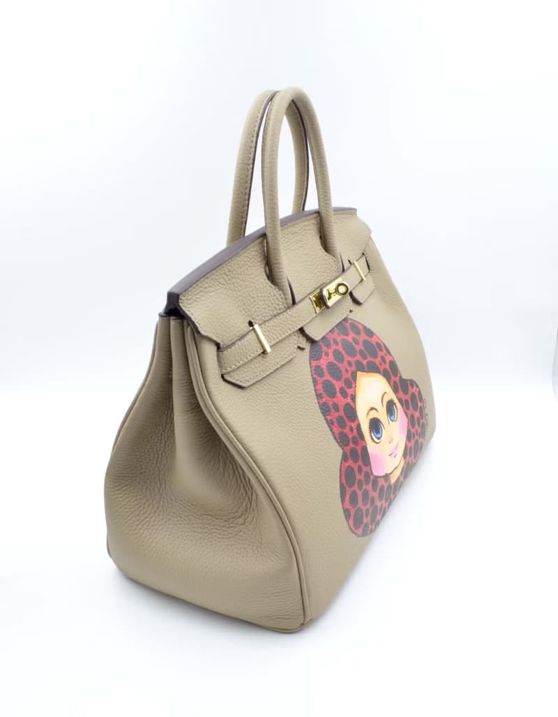 卡其色手繪紅黑波點娃娃頭手袋包包 頭層牛皮堅固優質 可訂製顏色