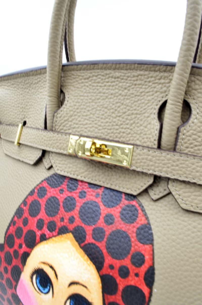 卡其色手繪紅黑波點娃娃頭手袋包包 頭層牛皮堅固優質 可訂製顏色