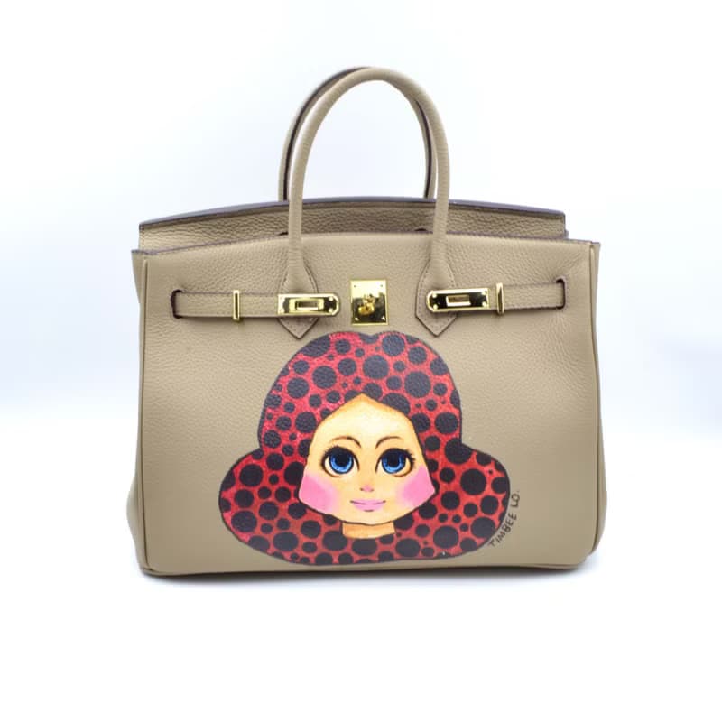 卡其色手繪紅黑波點娃娃頭手袋包包 頭層牛皮堅固優質 可訂製顏色
