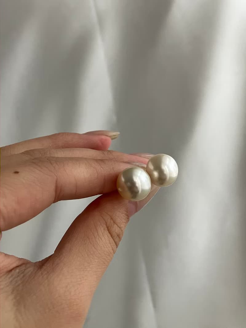 【性價比精品】澳白珍珠 11-12mm近圓饅頭珠 香檳色 珍珠耳釘耳夾