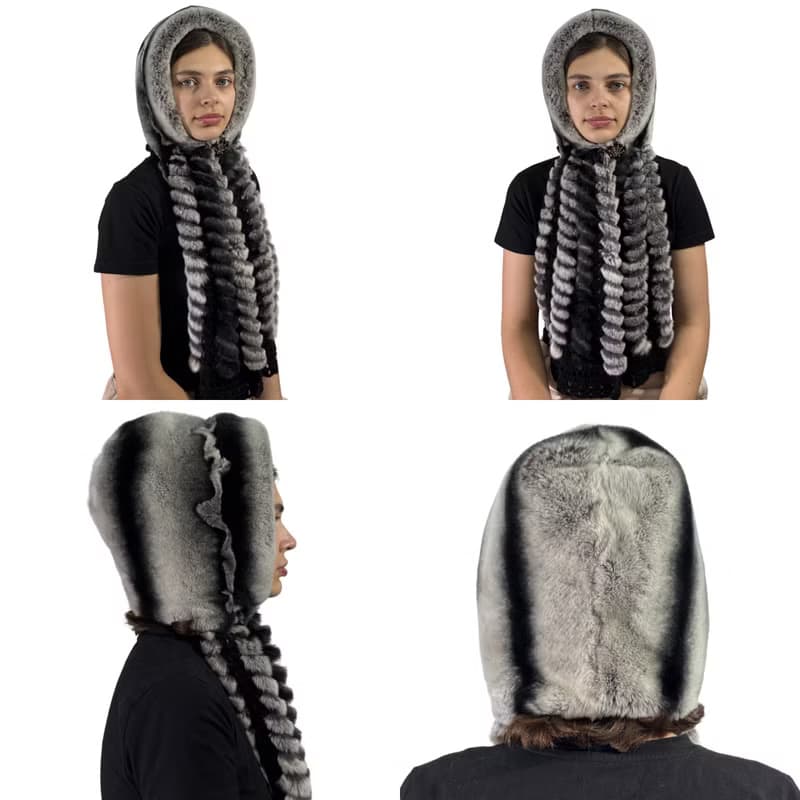 Womens Rabbit Fur Hood Winter Real Fur Hat Luxury Fur Scarf Hat
