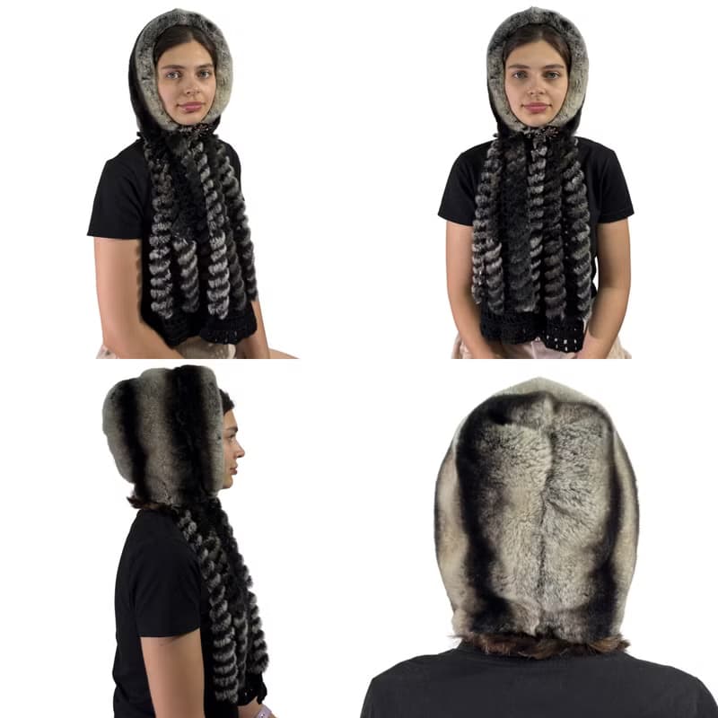 Womens Rabbit Fur Hood Winter Real Fur Hat Luxury Fur Scarf Hat