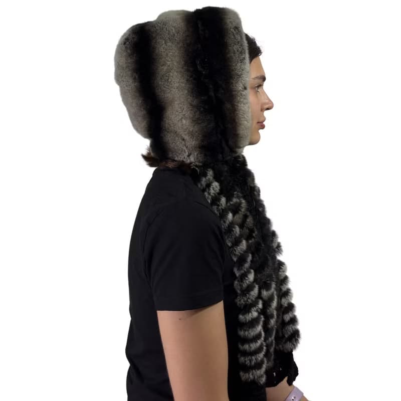 Womens Rabbit Fur Hood Winter Real Fur Hat Luxury Fur Scarf Hat
