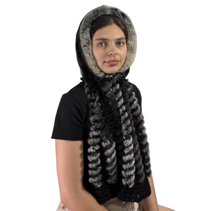 Womens Rabbit Fur Hood Winter Real Fur Hat Luxury Fur Scarf Hat