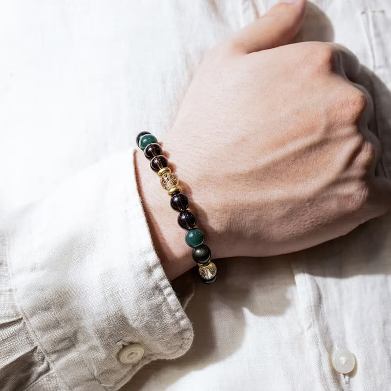 大地之歌 | B05鈦晶水草瑪瑙茶晶黑曜石水晶手鍊