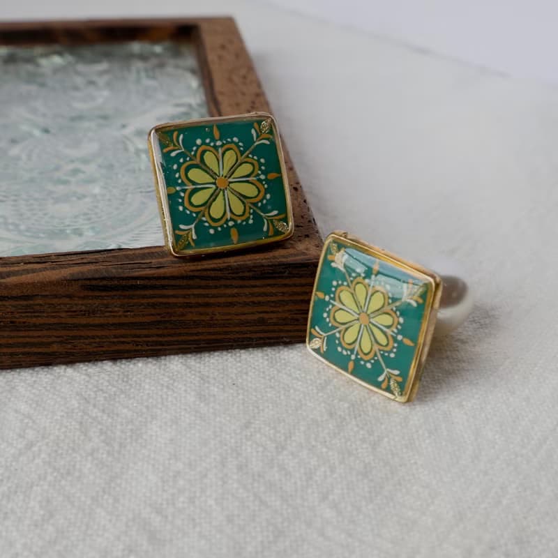 手繪花磚系列 採菊東籬下 花磚耳環 手作飾品 耳釘 醫療鋼