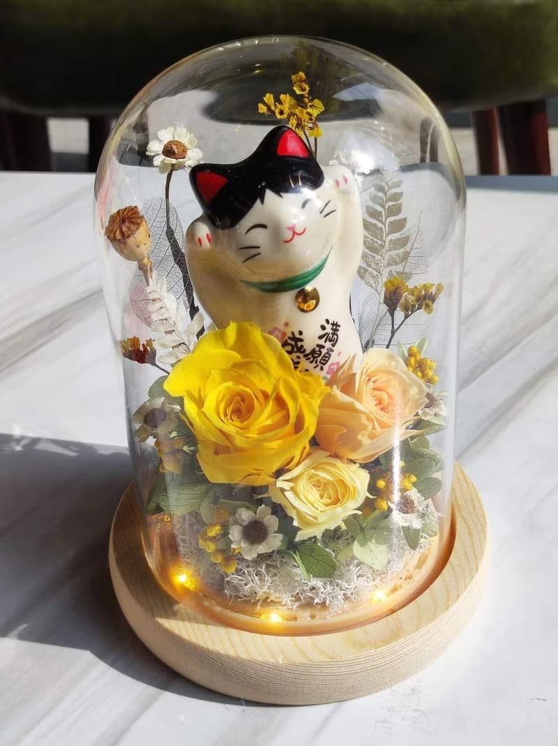 招財貓永生花玻璃罩 小夜燈設計・開幕/居家桌飾花禮