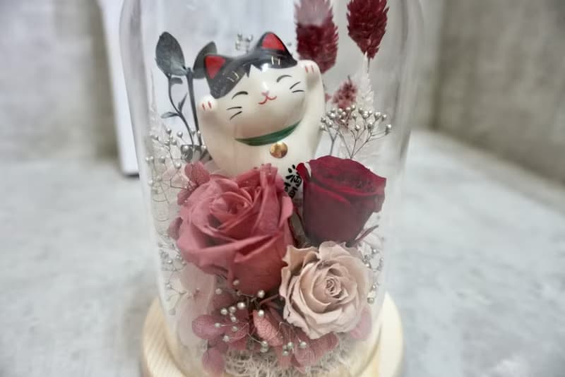 招財貓永生花玻璃罩 小夜燈設計・開幕/居家桌飾花禮