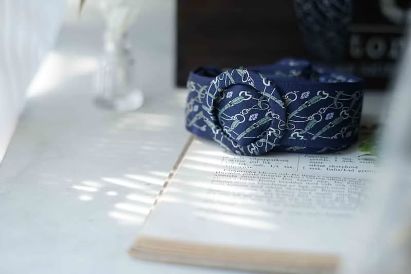 古董領帶改製腰帶-mila schon100%silk-鎖鏈印花-藍-腰帶髮箍