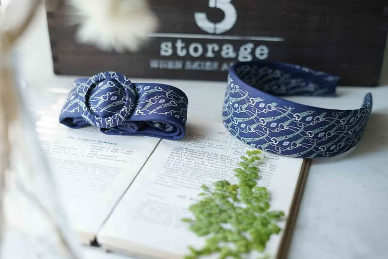 古董領帶改製腰帶-mila schon100%silk-鎖鏈印花-藍-腰帶髮箍